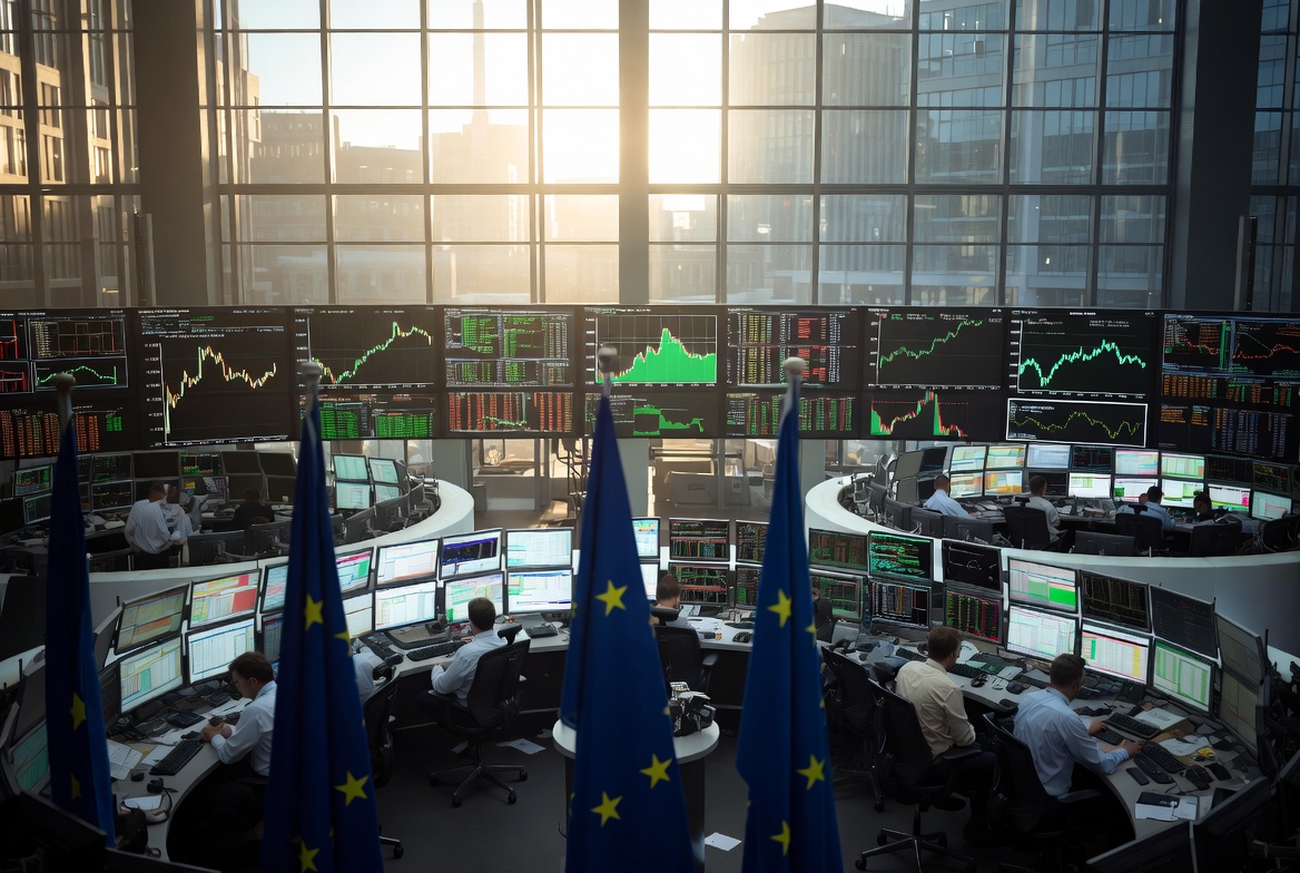 Frankfurt Stock Exchange trading floor showing rising market charts amid geopolitical tensions in Europe 2026