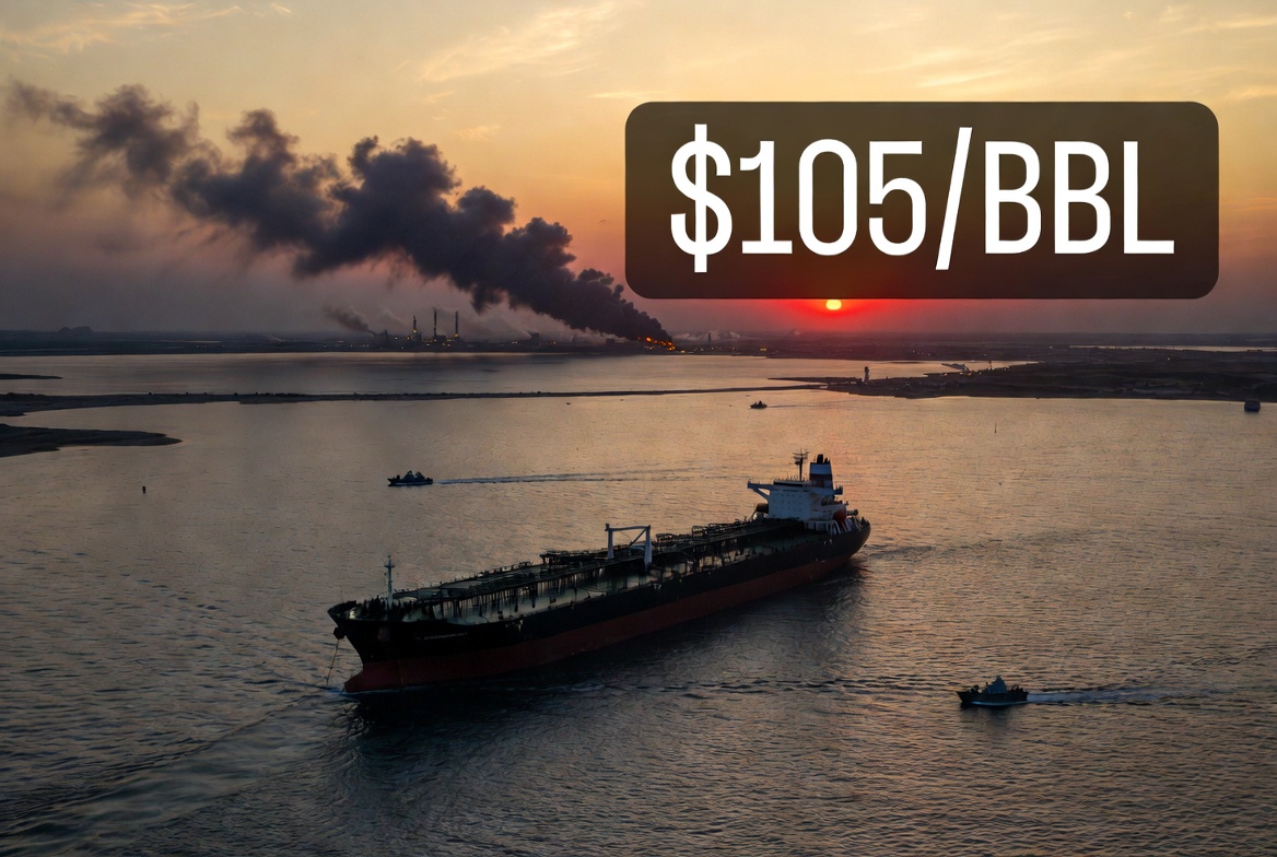 Oil tanker blocked in Strait of Hormuz during Middle East oil crisis 2026 with rising crude prices