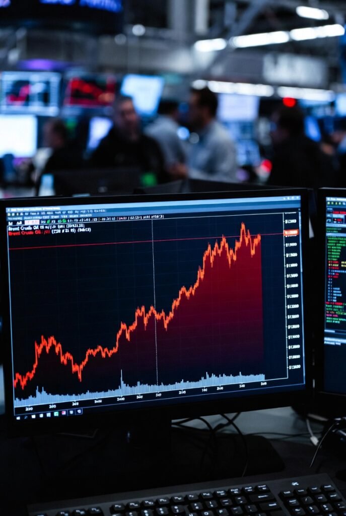 Brent Crude oil price spike above $120 per barrel — Strait of Hormuz closure global oil supply disruption 2026