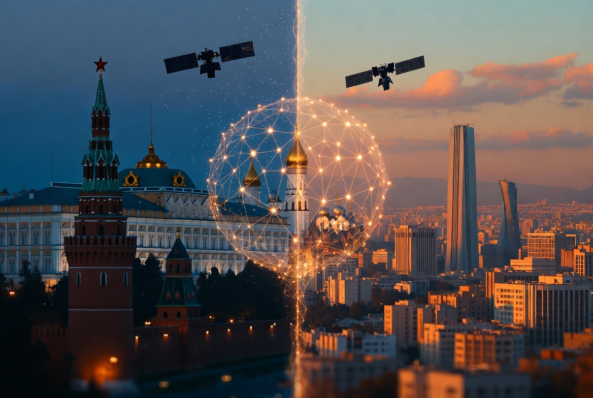 Russia and Iran capitals connected by digital military network — geopolitical alliance 2026