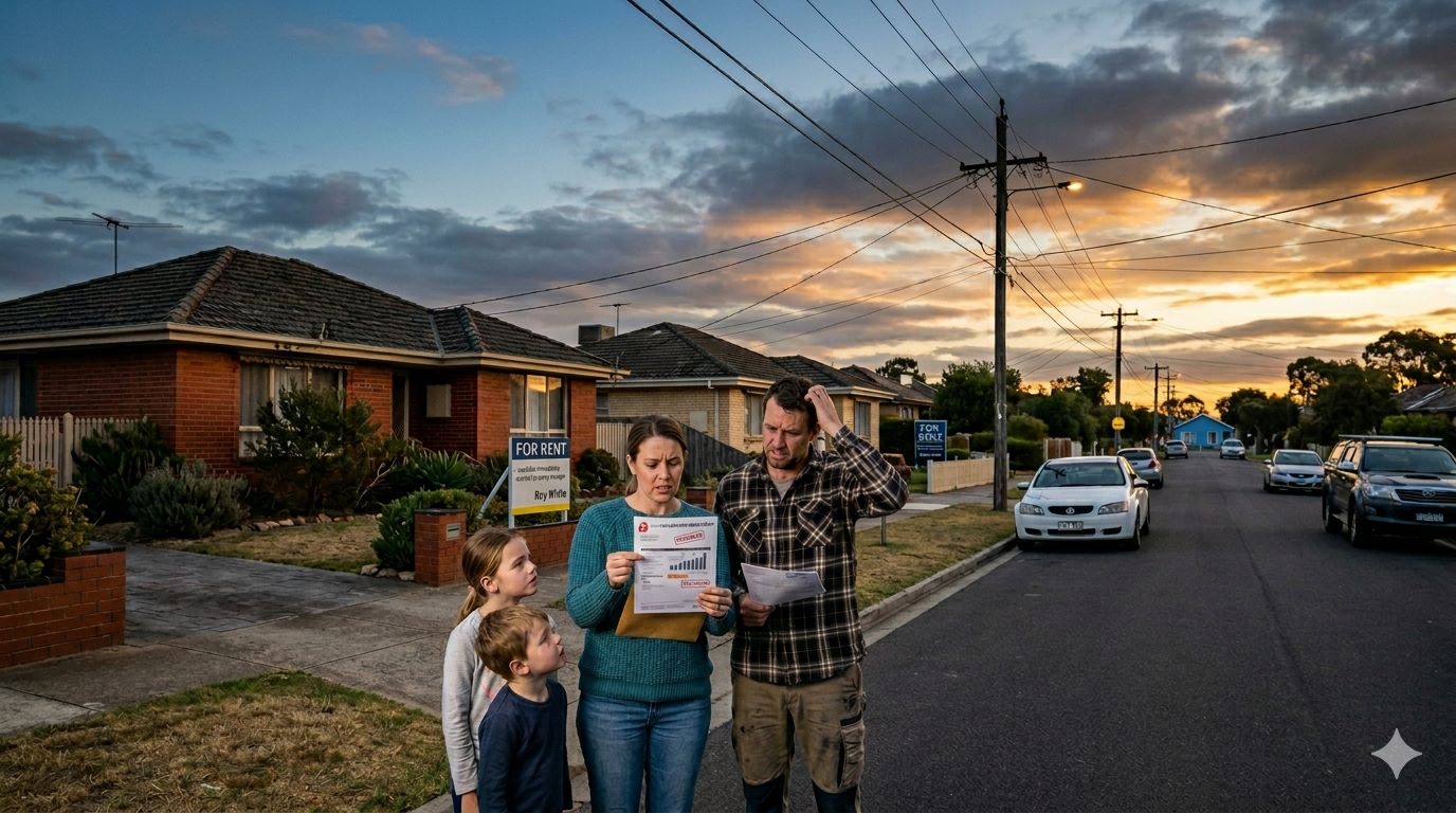 Australian family outside a home reviewing bills amid the 2026 cost-of-living crisis Australian family outside a home reviewing bills amid the 2026 cost-of-living crisis