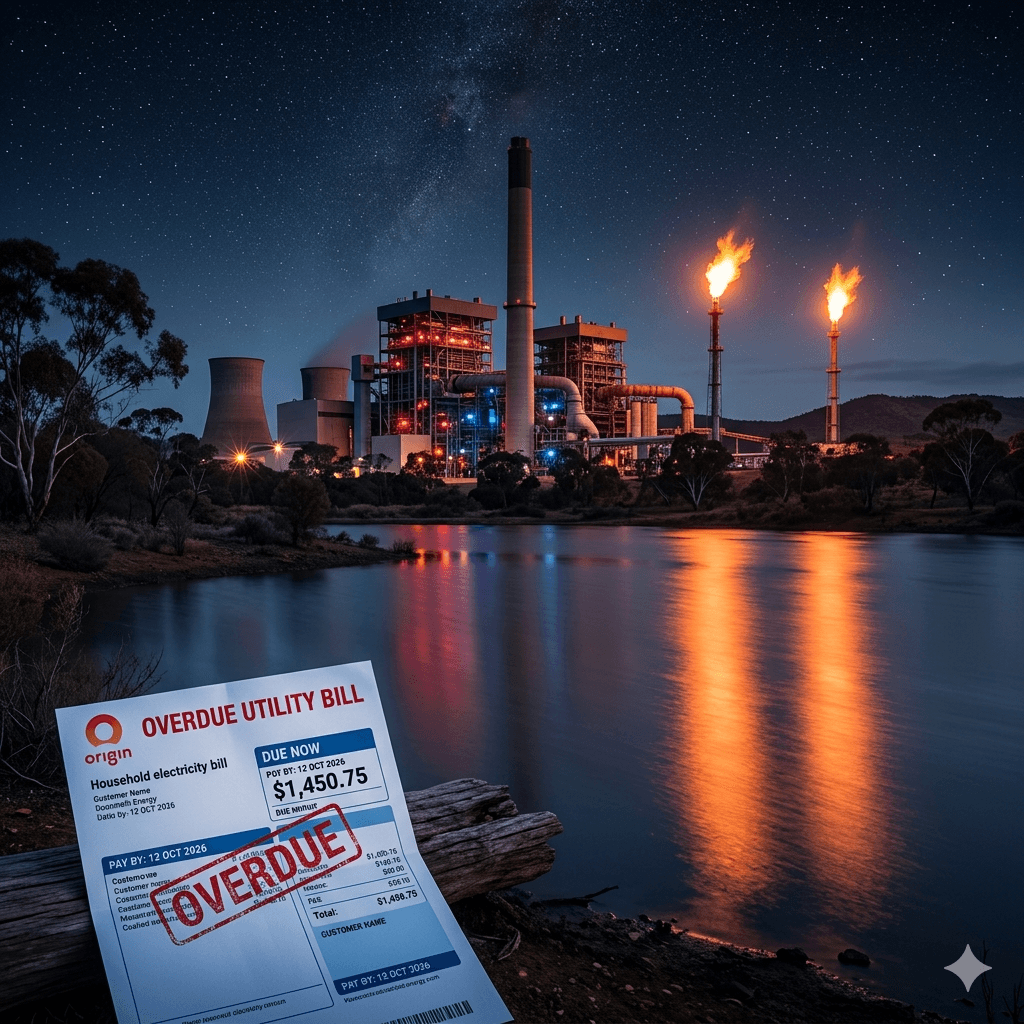 Australian power station at night representing the 2026 energy price crisis and rising electricity bills