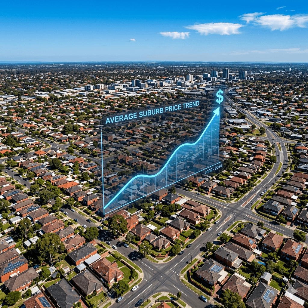 Aerial view of Australian suburb showing record housing prices in 2026 with rising price graph overlay