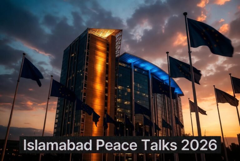 EU leaders react to Islamabad Peace Talks 2026 — European Parliament at dusk with flags