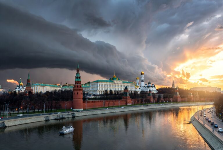 Kremlin Moscow skyline at dusk reflecting Russia's growing global power in 2026