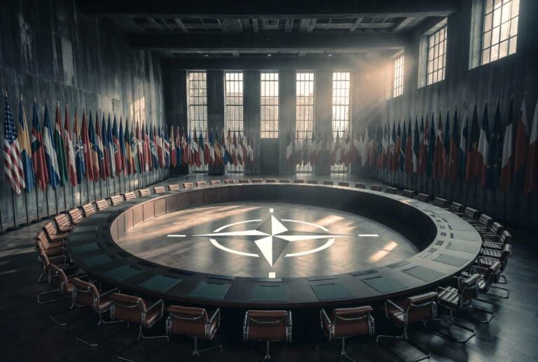 Empty NATO conference room in Brussels symbolizing the 2026 transatlantic alliance tensions between Europe and the United States