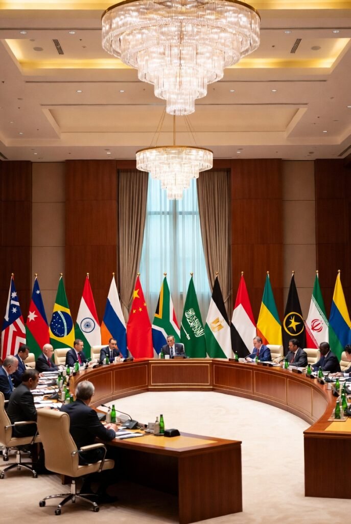 BRICS 2026 expanded summit — representatives of BRICS member nations including new members Egypt, UAE, and Saudi Arabia at international conference