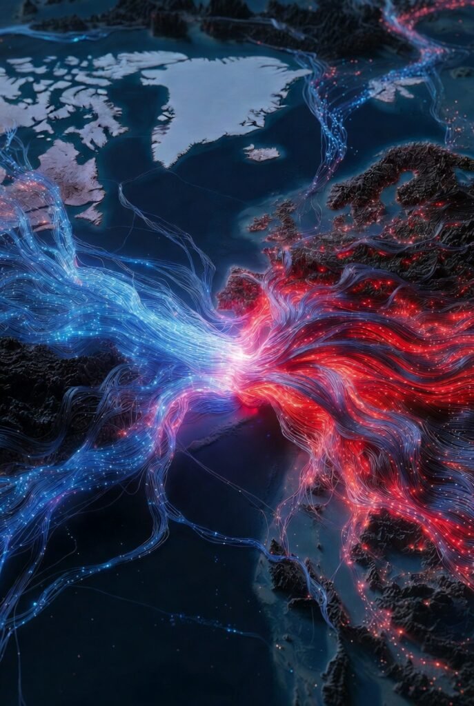 Splinternet 2026 — visualization of the global internet dividing into Western 6G and China Digital Silk Road technology blocs