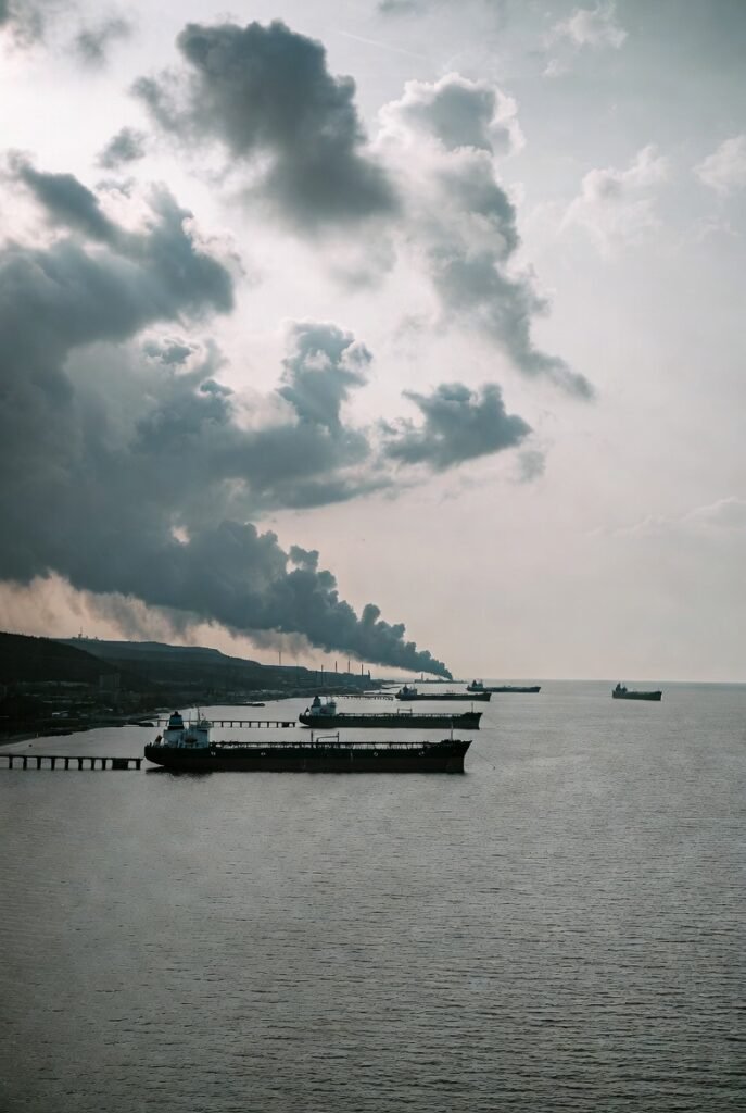 Oil tankers anchored near Novorossiysk port as the Sheskharis terminal fire disrupts Russian crude exports in 2026