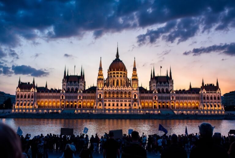 Hungarian Parliament Building at dusk with protesters and EU flags along the Danube River during Hungary election 2026