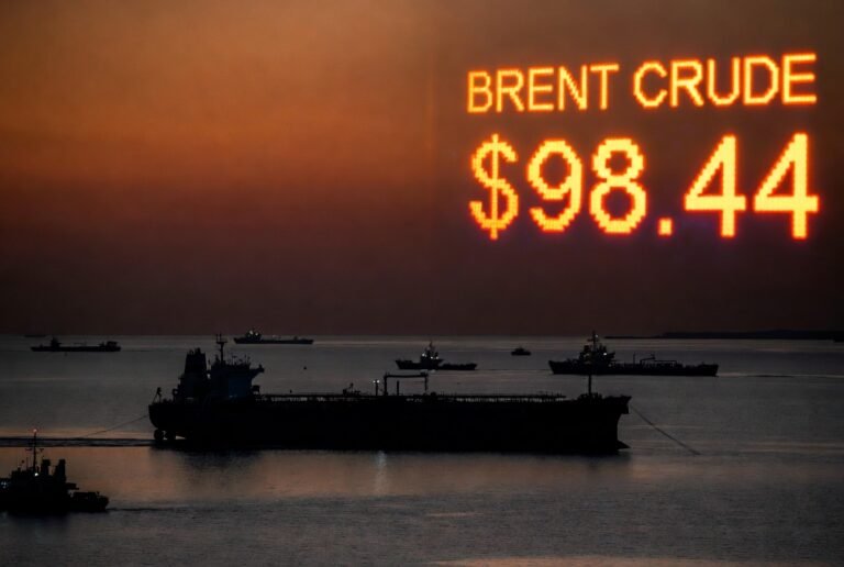 Oil tanker anchored near Strait of Hormuz as crude oil prices near $100 in April 2026