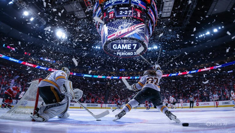 : NHL Game 7 2026 Stanley Cup Playoffs — dramatic goalie save in a packed arena during elimination hockey