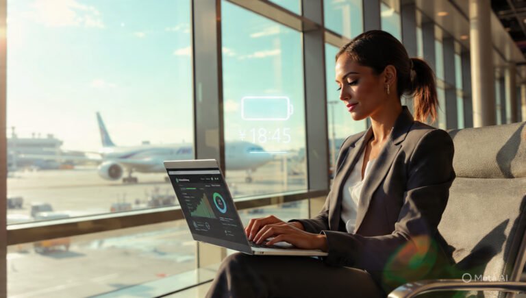 : Professional woman using an all-day battery laptop at an airport in 2026 without a charger