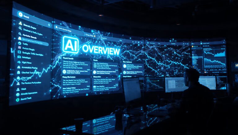 Google AI search update 2026 showing AI Overview results page in a digital newsroom with traffic analytics on screen