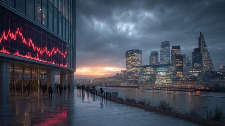 Global economic slowdown 2026 — financial district at dusk with declining stock market graph on digital display