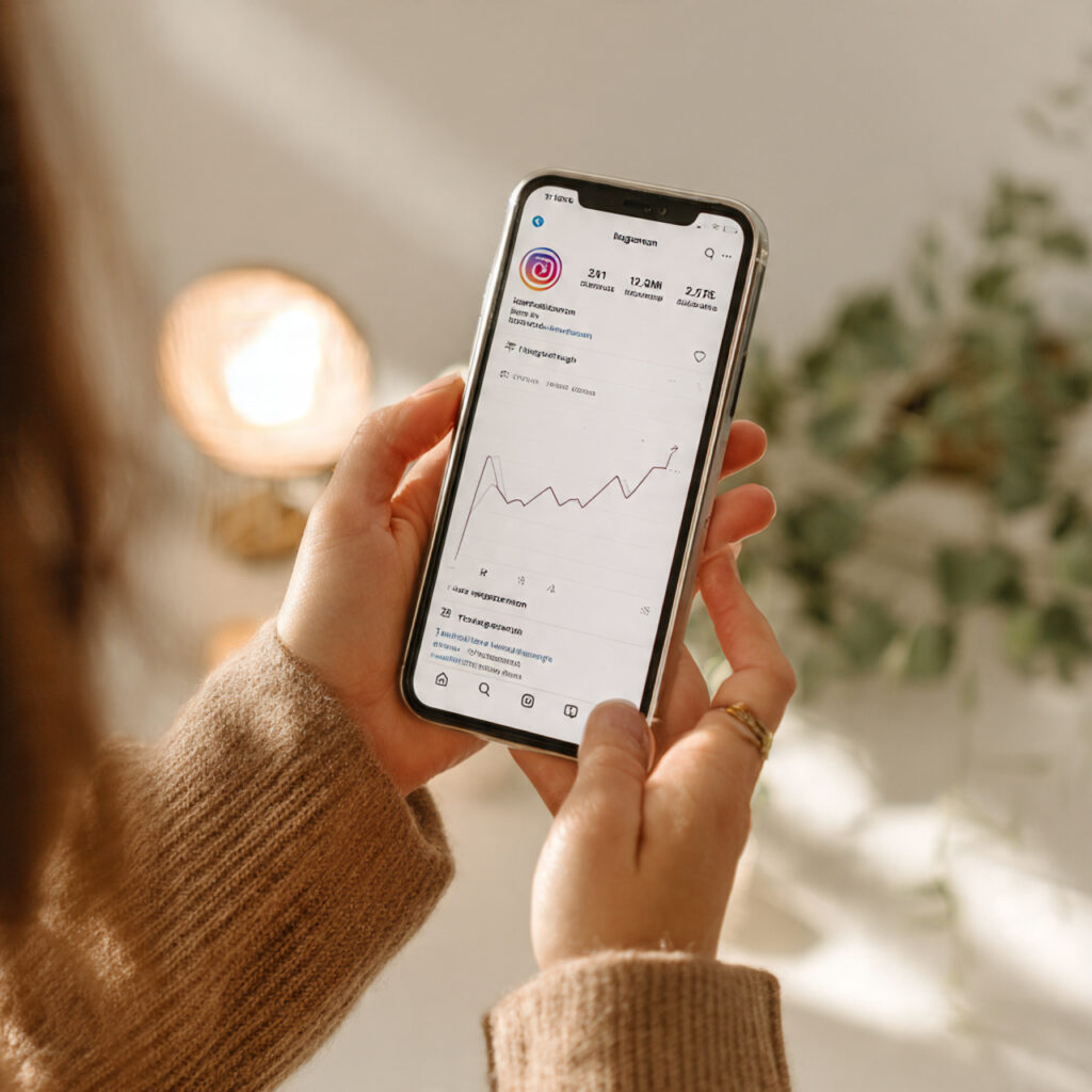 : Instagram analytics showing organic reach decline in 2026 on smartphone screen