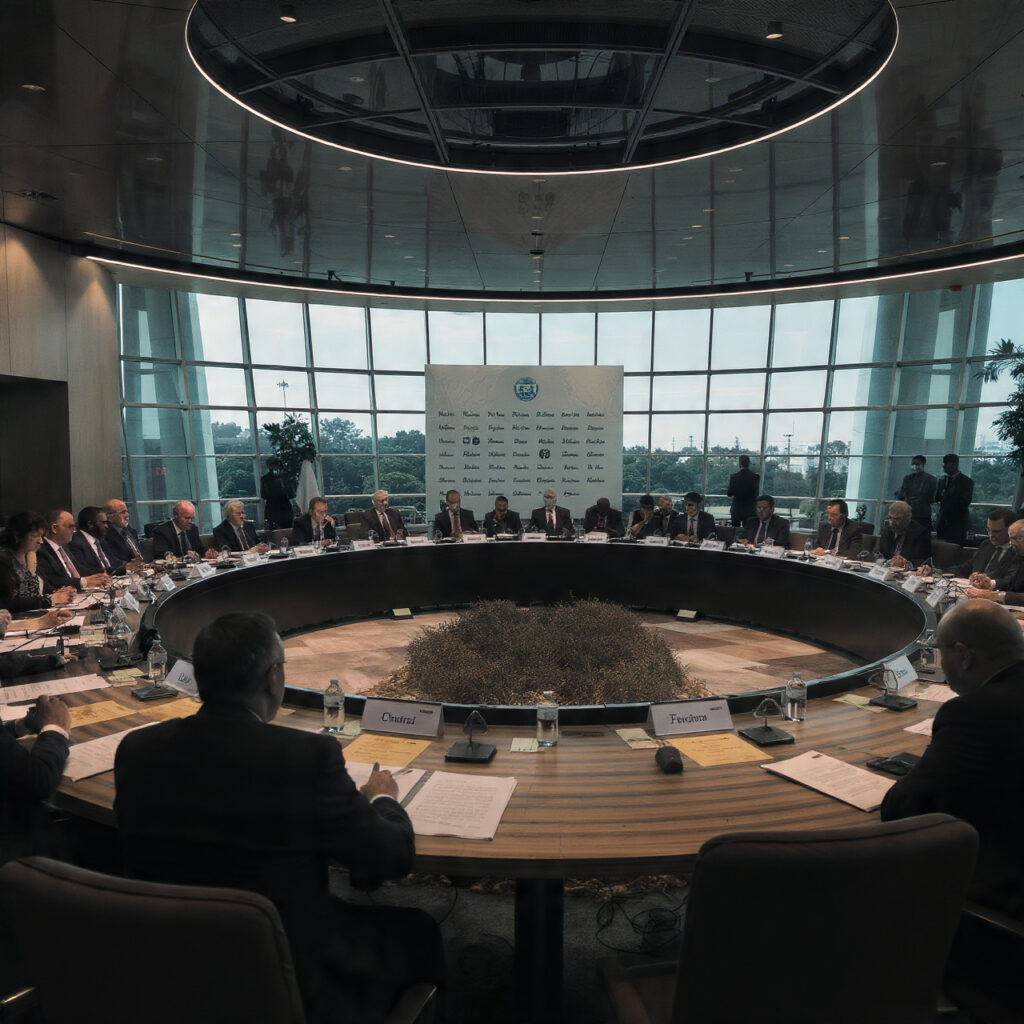 OPEC+ ministerial meeting showing international oil producers coordinating production policy, relevant to Russia energy strategy 2026.