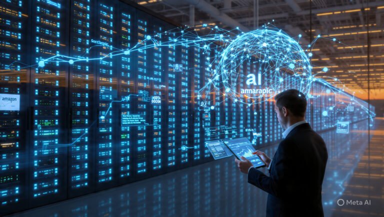 Amazon Anthropic deal 2026 — AI data center with glowing servers and financial growth charts, big tech stock rally visualization