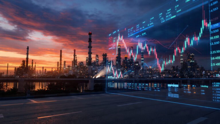 Brent crude oil refinery with falling oil price chart on digital screen, April 2026 energy market decline
