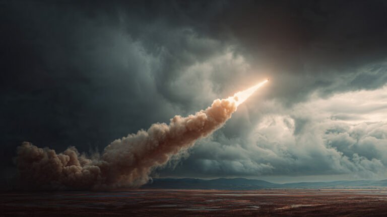 Cinematic realistic missile launch from coastal region, smoke trail, dramatic sky, defense news photography, ultra realistic, 8k