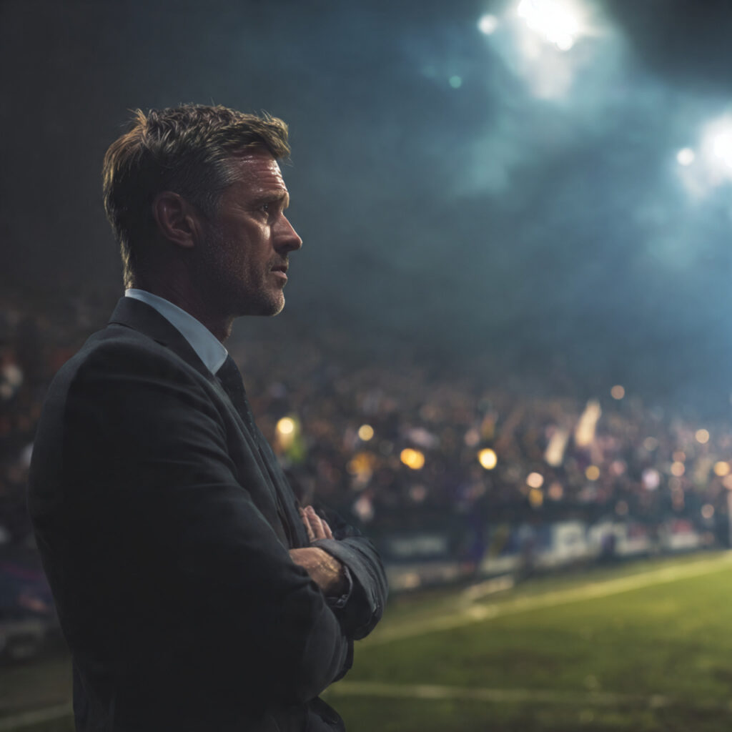 Premier League manager watching from the touchline during a crucial title race match in April 2026.