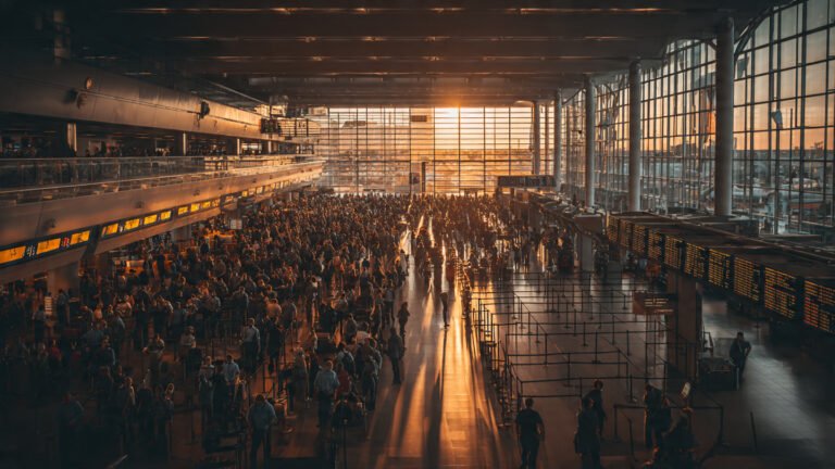 Crowded airport terminal with long TSA security lines during 2026 US government shutdown