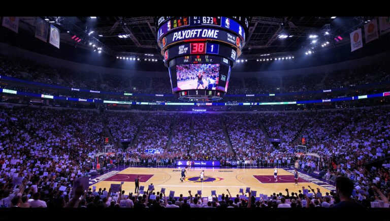 NBA playoffs 2026 underdog player driving to the basket in a packed arena during first round upset