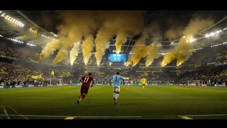 Premier League title race 2026 — dramatic stadium scene with three clubs battling for the championship trophy