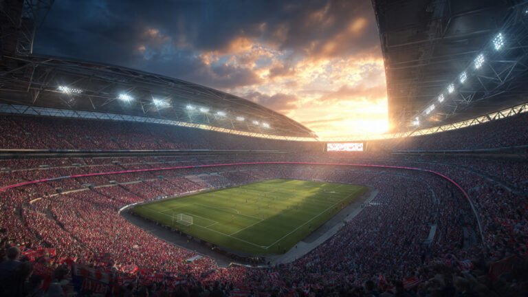 Wembley Stadium during FA Cup 2026 semi-final match at golden hour with full crowd
