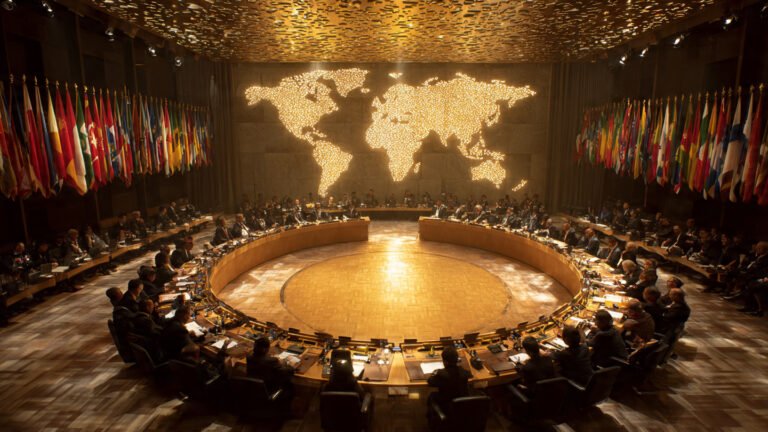 China's diplomatic summit 2026 — Chinese and Global South officials at an international partnership conference with world map showing Beijing's expanding global network