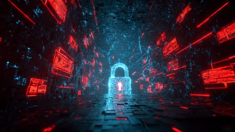 : Cybersecurity threats 2026 — digital war room with red alert warnings and cracked padlock representing data breach risks