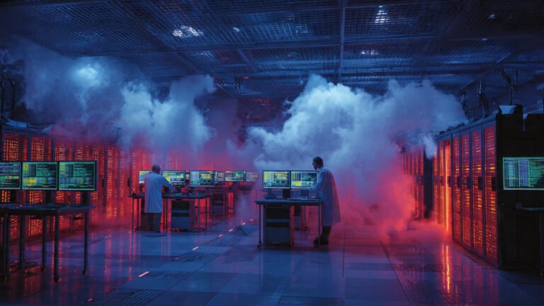 : A technician responding to a global cloud outage inside a large data center with emergency lighting and server errors on screens, April 2026.