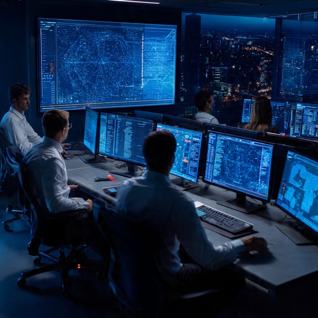 Cybersecurity team analyzing attack data multiple monitors incident response center