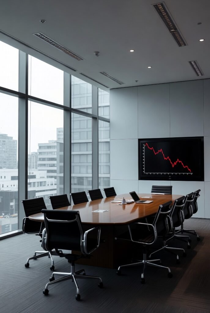 UK business confidence collapse in 2026 shown by empty boardroom and falling graph