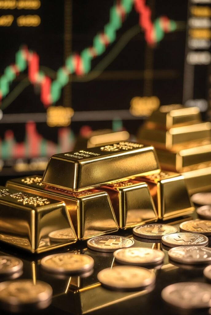 Gold bullion bars and Swiss franc coins as safe haven assets during European market volatility 2026