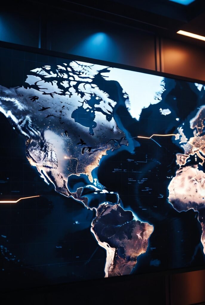 Digital geopolitical world map in a government situation room representing Western alliance strategy and global power dynamics 2026