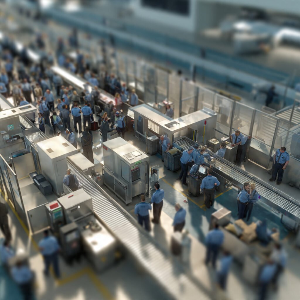 TSA airport security checkpoint with officers and passengers during 2026 federal shutdown risk period