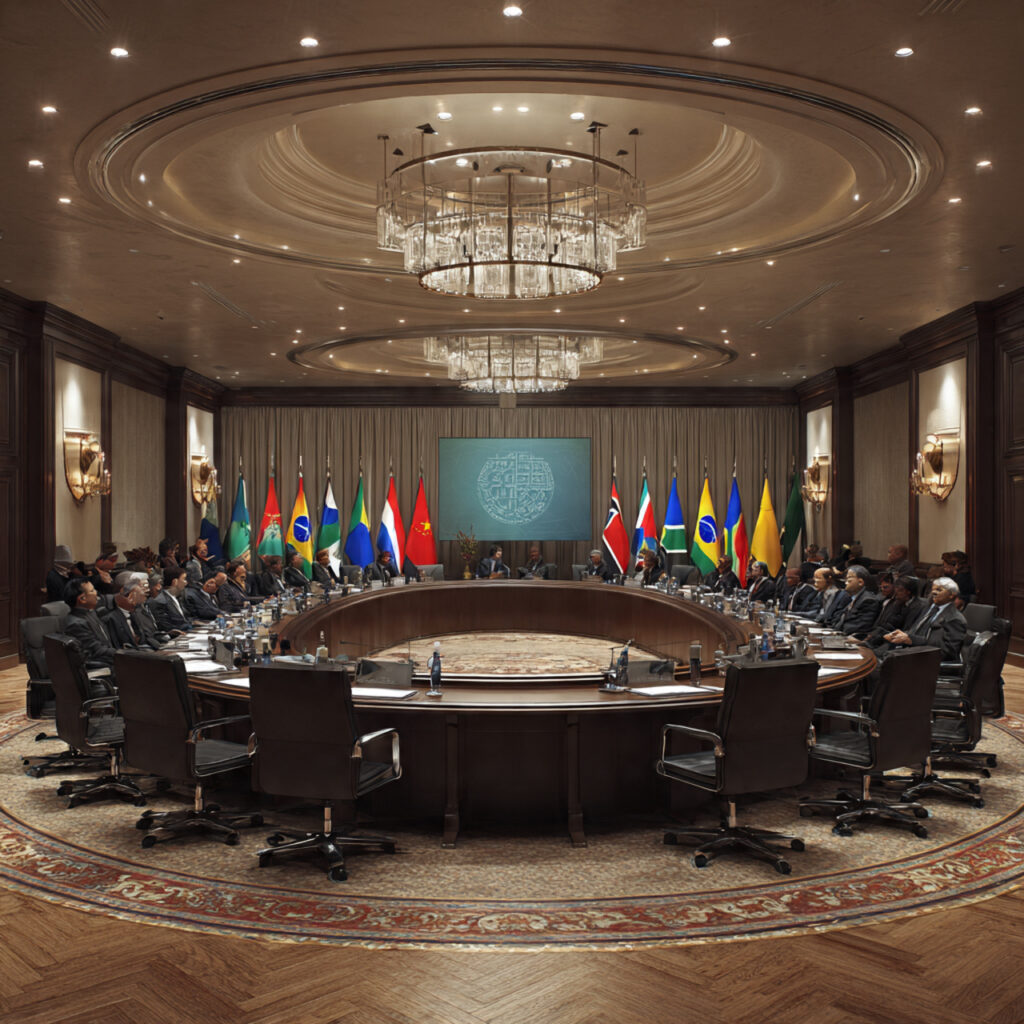 Photorealistic image of a formal multilateral summit meeting room. Delegates from China, India, Brazil, Russia, South Africa, Saudi Arabia, the UAE, and Ethiopia sit around a large oval conference table. National flags are displayed. The BRICS logo is visible on a backdrop screen. Soft professional lighting, diplomatic atmosphere, documentary photography style, sharp focus, 16:9 composition, no text.