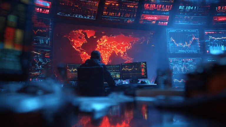 Global market uncertainty 2026 — stock market selloff displayed on trading floor screens with world map showing geopolitical hotspots