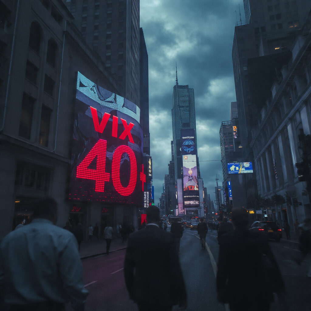 VIX volatility index above 40 displayed on Wall Street billboard representing investor fear and stock market panic selling in 2026