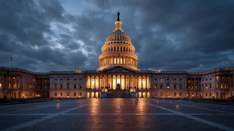 US Capitol building at dusk with storm clouds during 2026 budget standoff