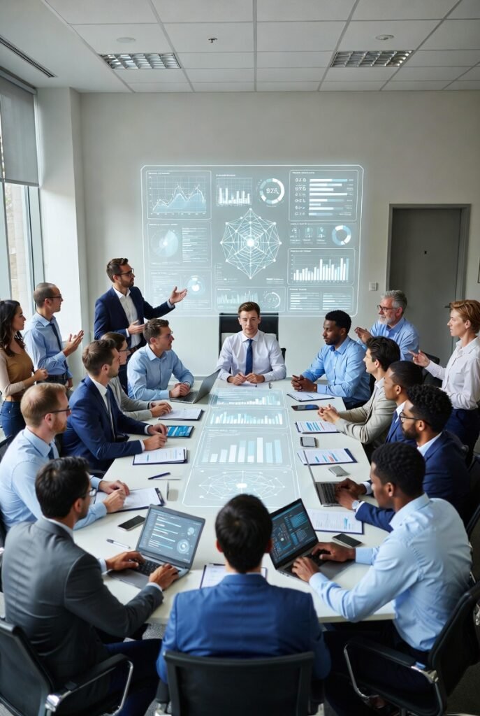 Tech company executives reviewing AI compliance dashboard and regulatory requirements in 2026 corporate boardroom
