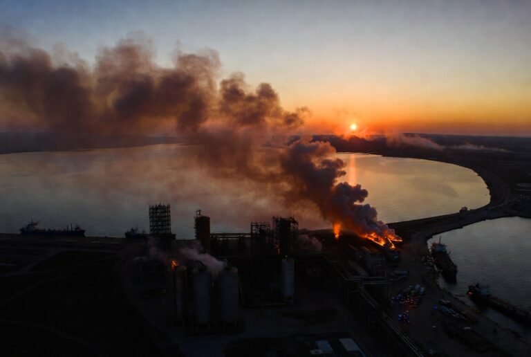 Sheskharis oil terminal fire in Novorossiysk, Russia, burning after a Ukrainian drone strike in April 2026