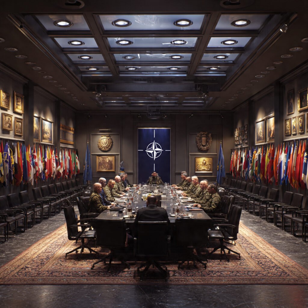 NATO headquarters meeting room allied flags military leaders discussion