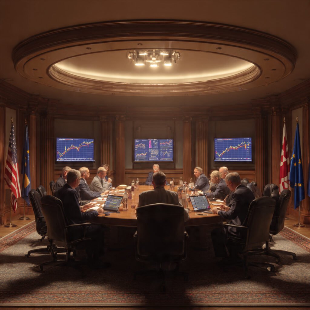 Federal Reserve and ECB central bank officials meeting to discuss interest rate policy in April 2026