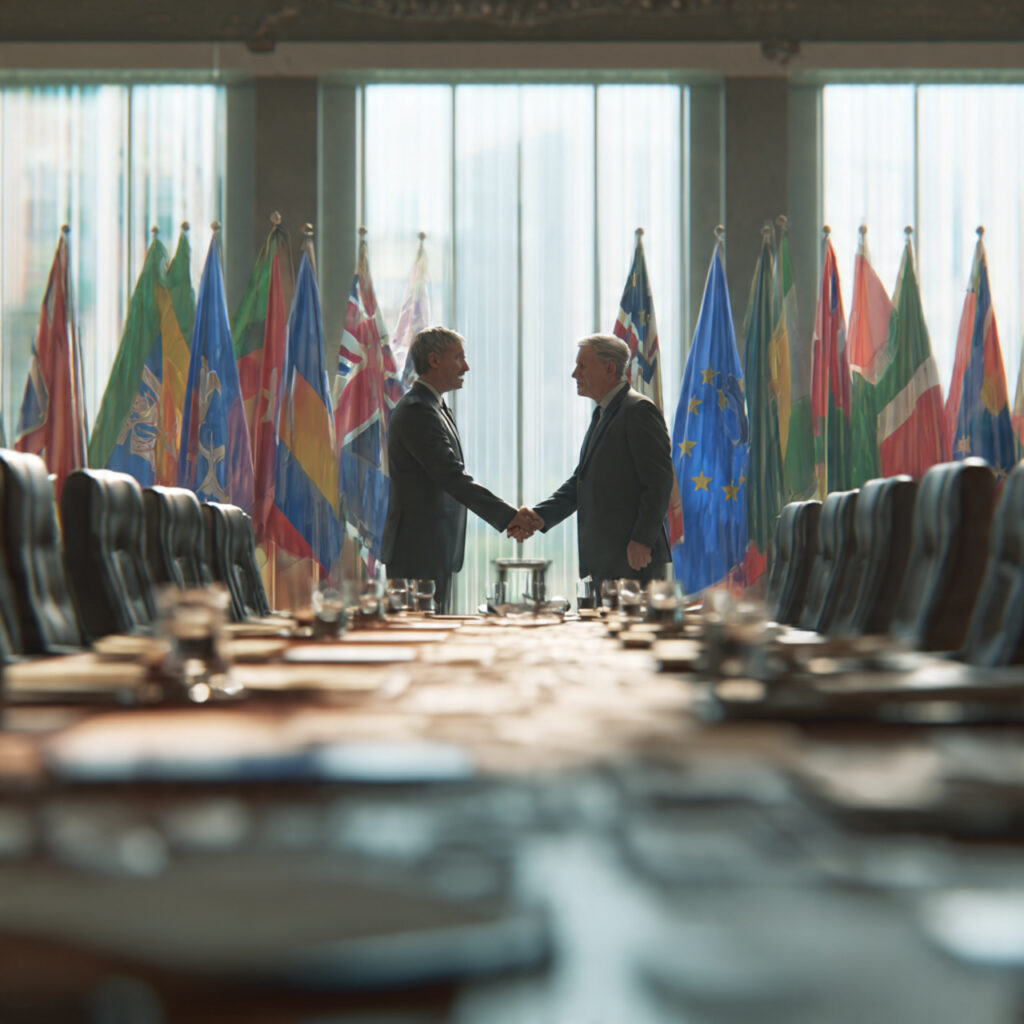 Diplomats shaking hands at an international energy summit, symbolizing Russia's discount-for-diplomacy oil strategy in 2026
