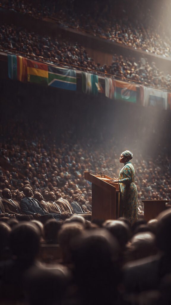 PROMPT: Photorealistic scene of an African Union delegation of diplomats, led by a confident African female head of state in traditional dress, standing and speaking at a G20 podium. The packed hall is filled with world leaders. African Union flag prominently displayed. Professional news photography, dramatic lighting, wide shot, ultra-sharp detail, AP wire photo style, 16:9.