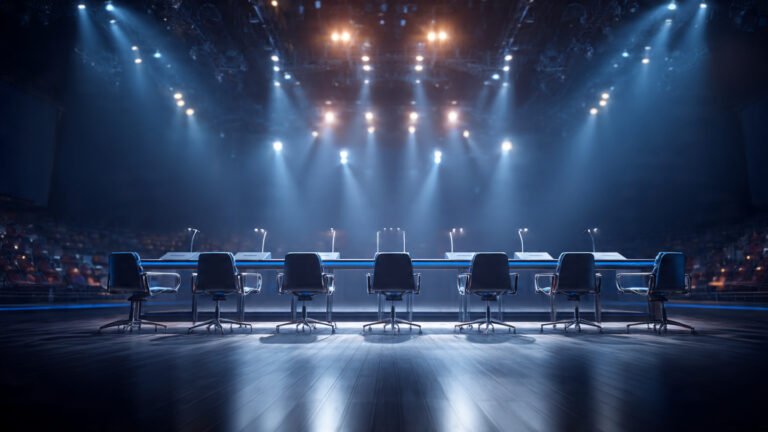 Political debate studio discussion panel microphones dramatic lighting opinion talk show banner style image 16:9