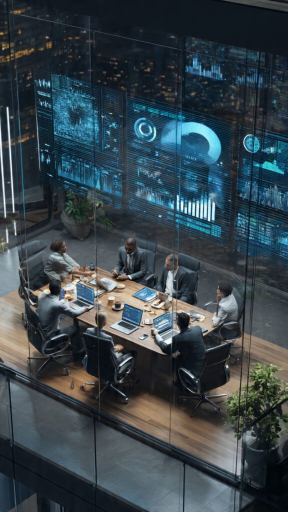 Business meeting discussing tech investment charts AI startup funding