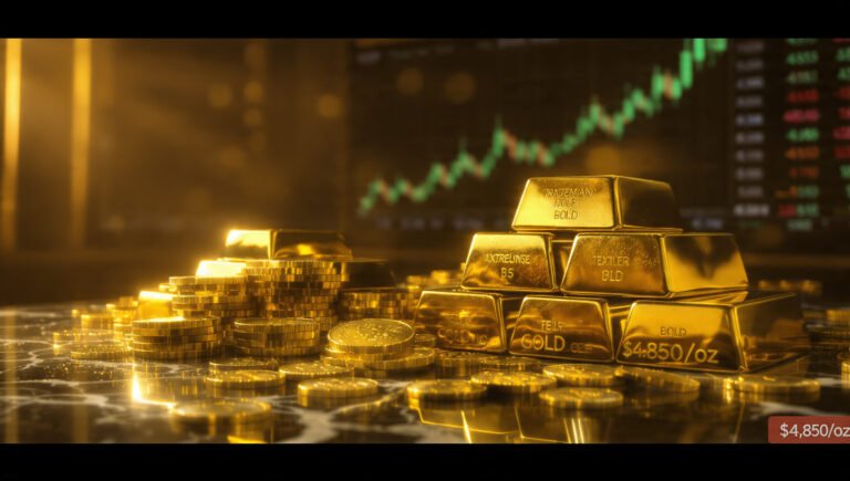 Gold bars and coins on a dark marble surface with stock market chart in background — gold price record high 2026